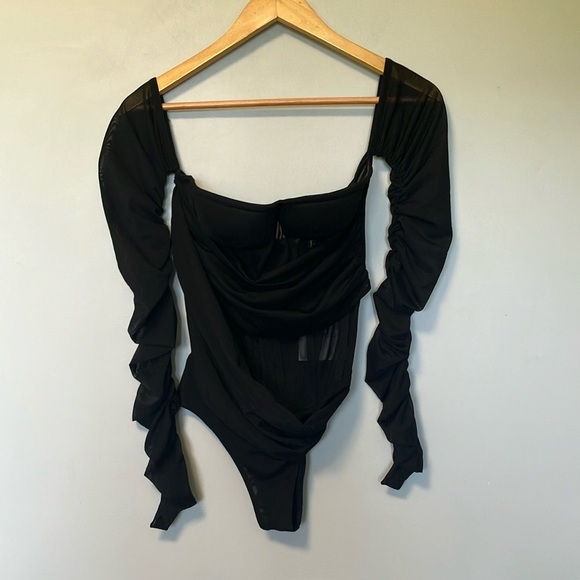 NWT LEAU Bardot Bustier Corset Black Ruched Bodysuit - Picture 3 of 8